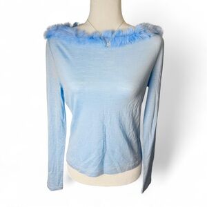 Moschino Pastel Blue Fur Trim Top Long Sleeve Size 10 USA Made in Italy